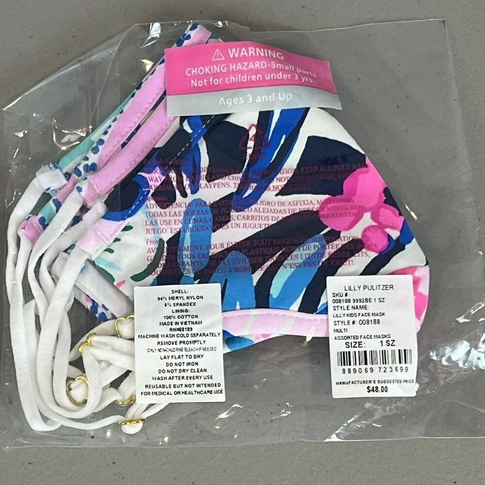 Lilly Pulitzer Resort Prints Kids Face Mask Set Of 3 New Adjustable